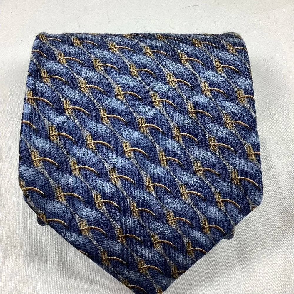 Bill Blass Silk Tie Blue Gold Geometric Abstract Men's Necktie